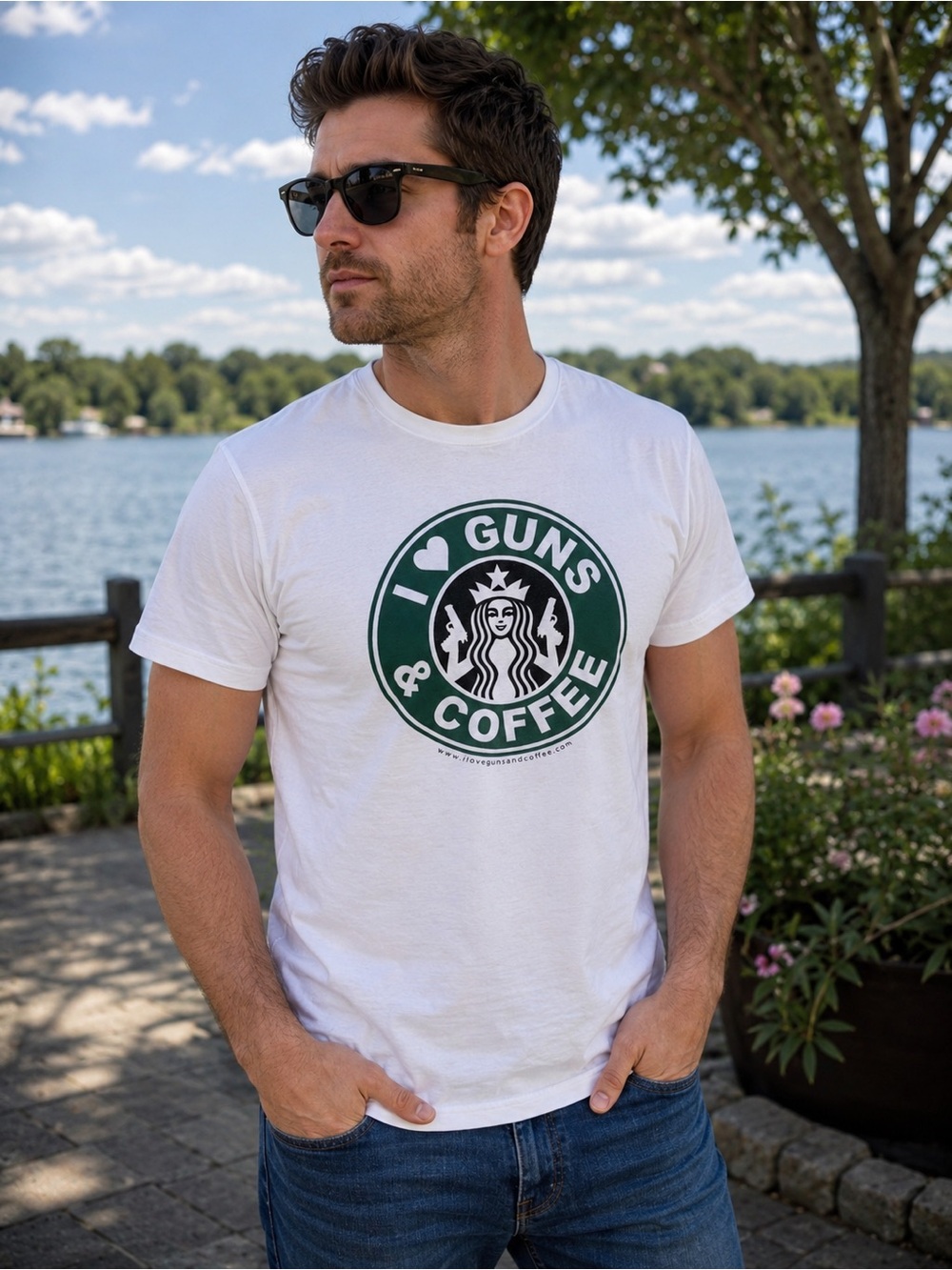Hanes I Love Guns & Coffee T-Shirt Men’s L White 100% Cotton Novelty Parody EUC